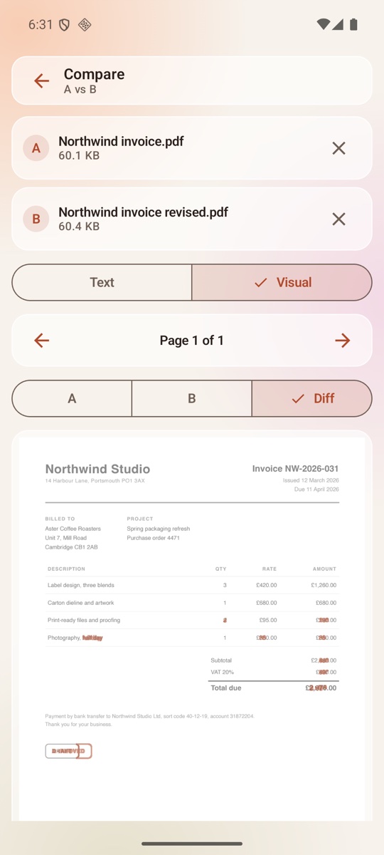 DocFort Lite compare tool showing two invoice versions overlaid with changed numbers highlighted