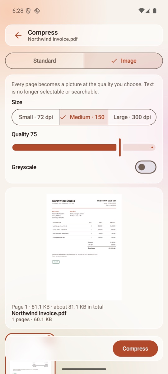 DocFort Lite compress tool with Image mode selected, a quality slider at 75 and a live preview of an invoice page