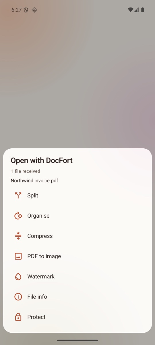 Android share sheet with Open with DocFort listing Split, Organise, Compress, PDF to image, Watermark, File info and Protect