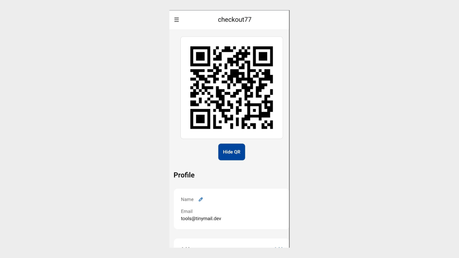Shopify customer account profile page showing the VahaPOS QR code and a Hide QR button