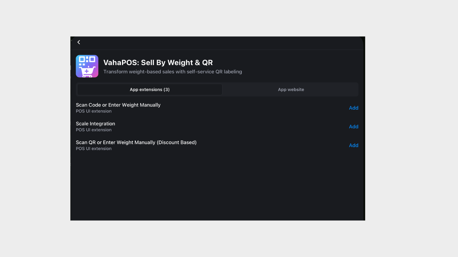 Shopify POS app extensions list for VahaPOS showing Scan Code or Enter Weight Manually, Scale Integration, and the Discount Based tile