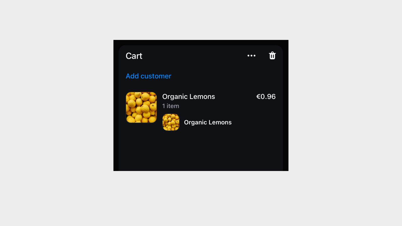 Shopify POS cart showing Organic Lemons priced at 0.96 after manual weight entry