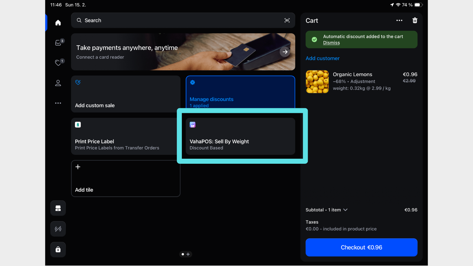 Shopify POS showing the Discount Based VahaPOS tile and a cart line with an automatic weight adjustment discount applied