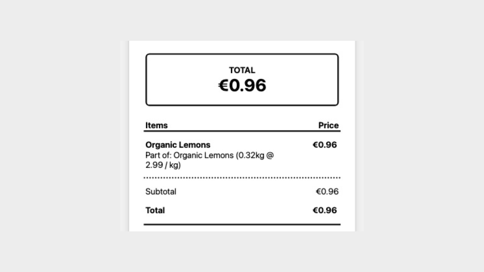 Shopify POS receipt showing Organic Lemons 0.32 kg at 2.99 per kg for a total of 0.96