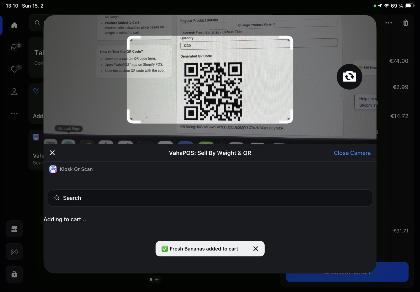 Shopify POS camera scanning a VahaPOS QR code with a Fresh Bananas added to cart confirmation