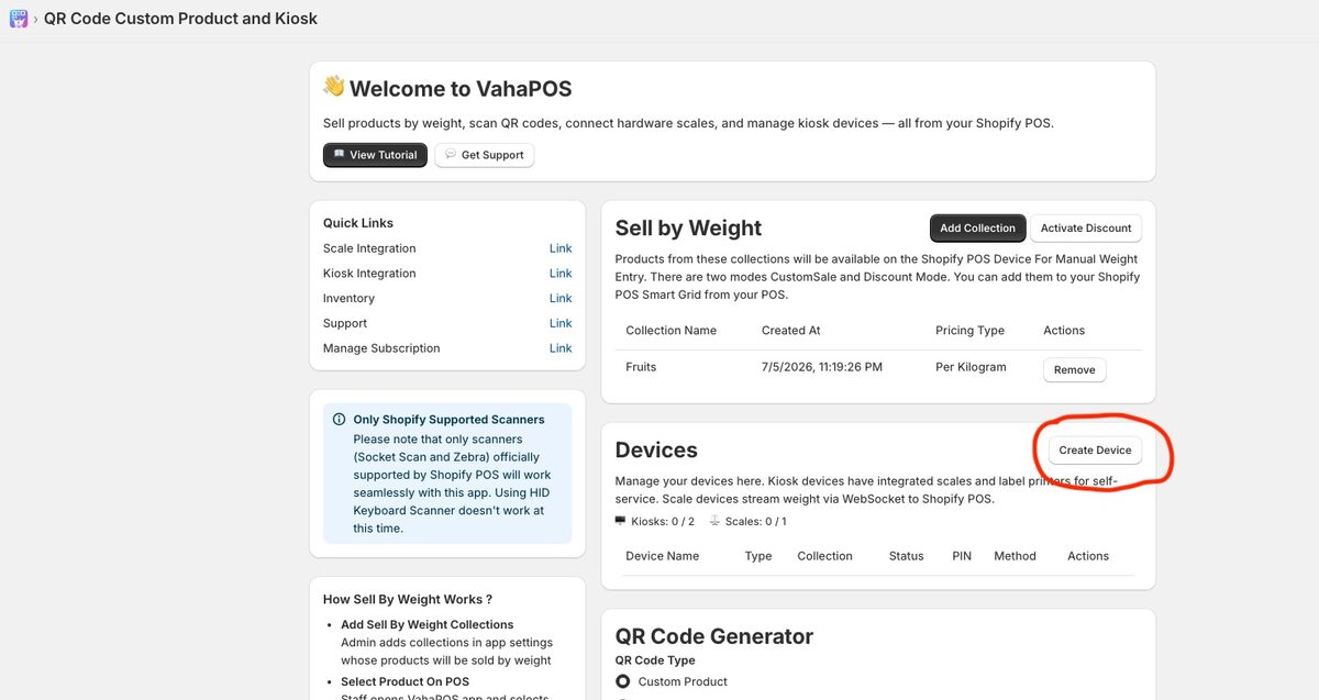 VahaPOS dashboard in Shopify admin showing the Sell by Weight collections list and Devices section