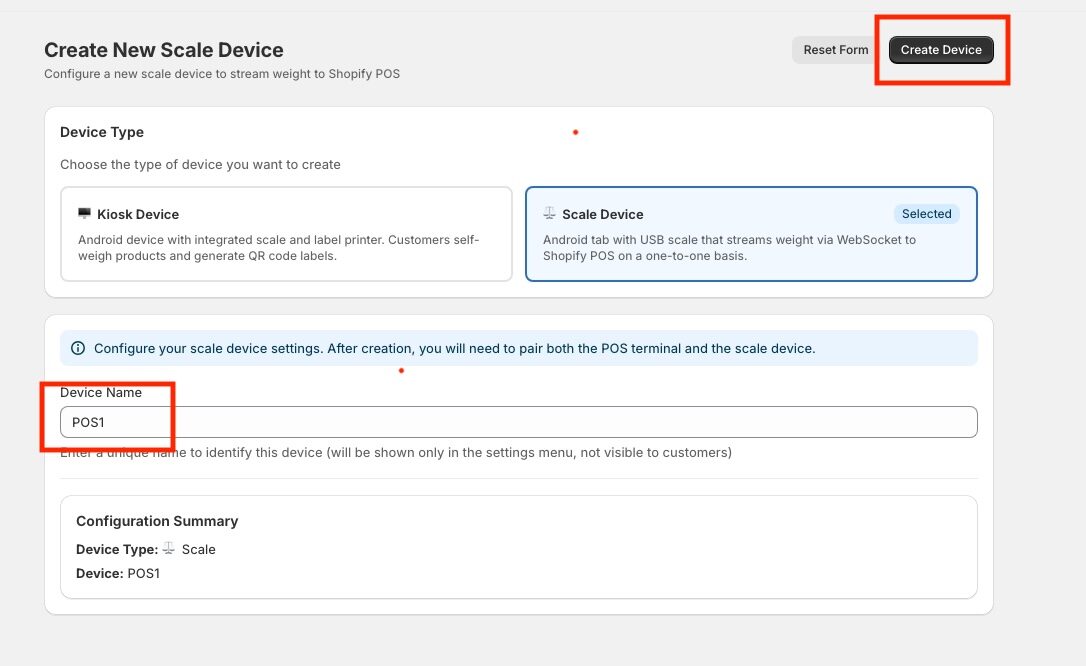 Create Device form with Scale Device selected and a device name entered