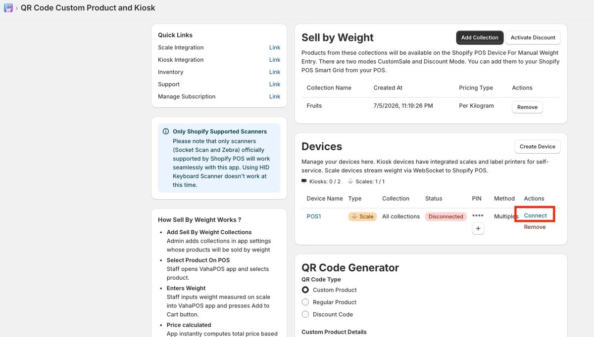 Devices list showing the new scale device as Disconnected with a Connect action