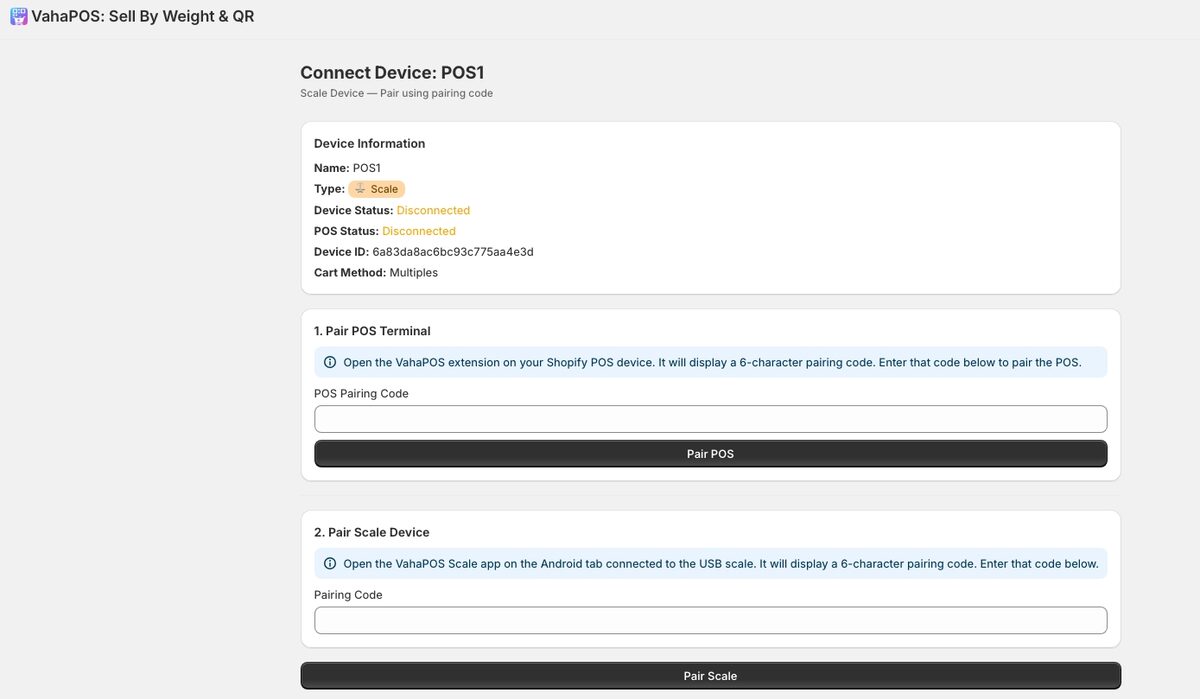 Connect Device page with two sections: Pair POS Terminal and Pair Scale Device, each with a code field