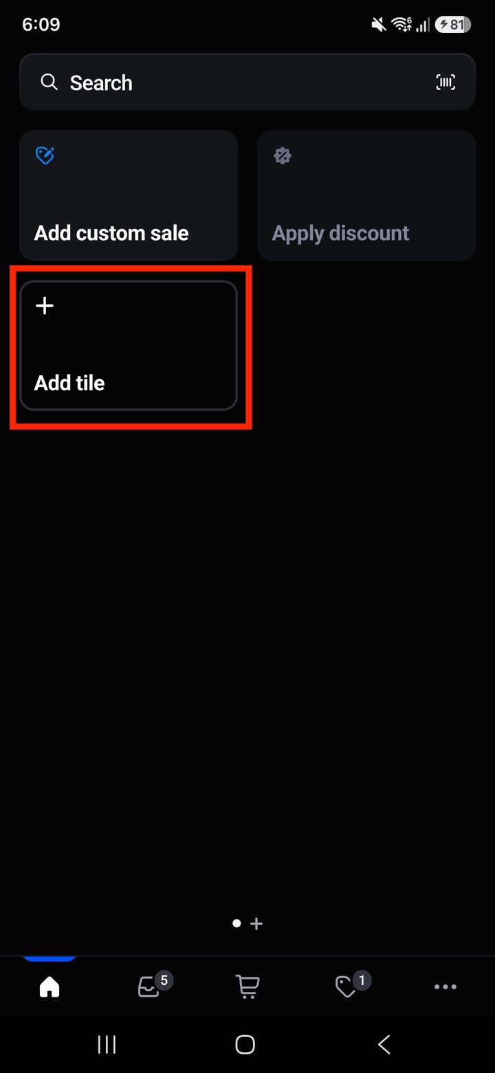Shopify POS home screen with the Add tile button