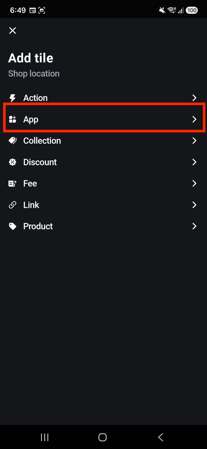 Shopify POS Add tile menu with App selected