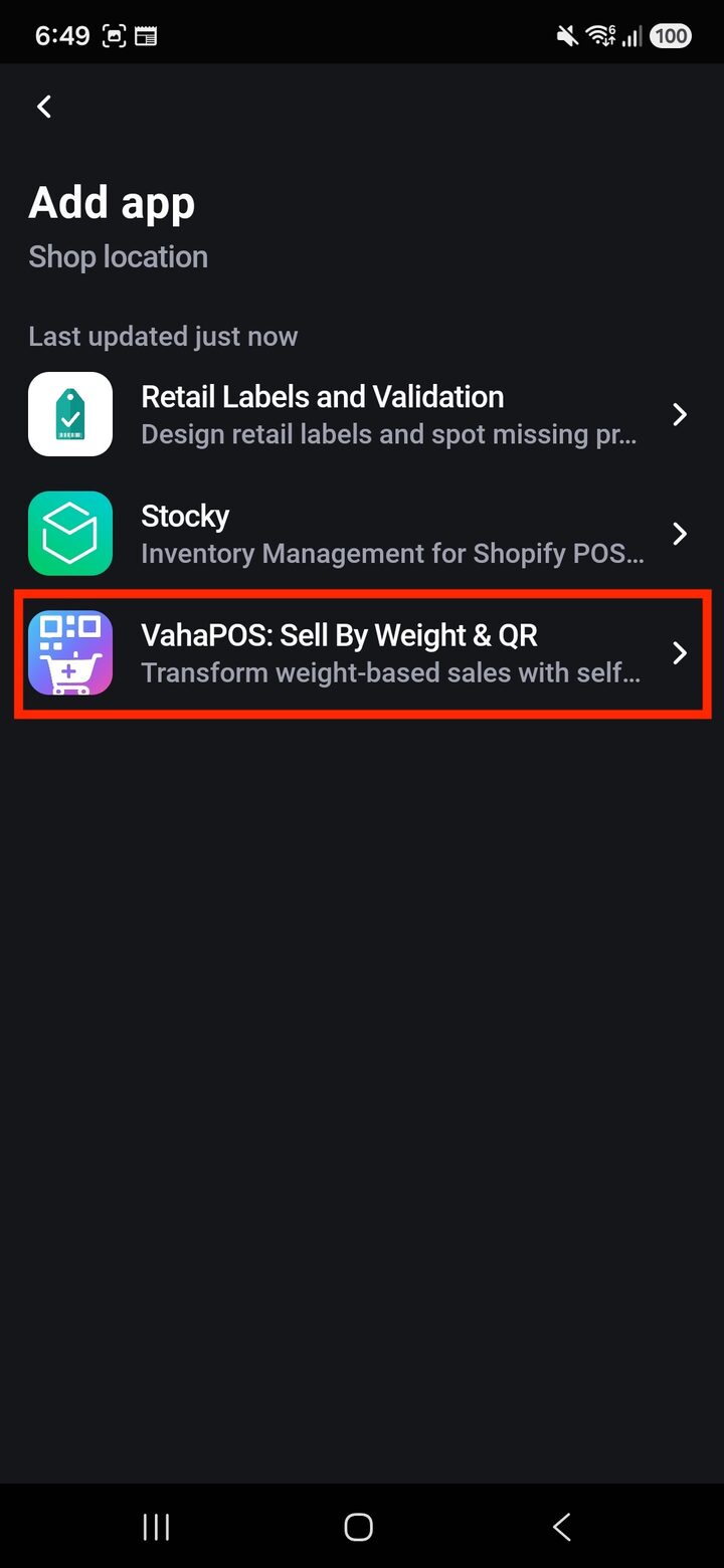 List of installed apps in Shopify POS with VahaPOS: Sell By Weight & QR