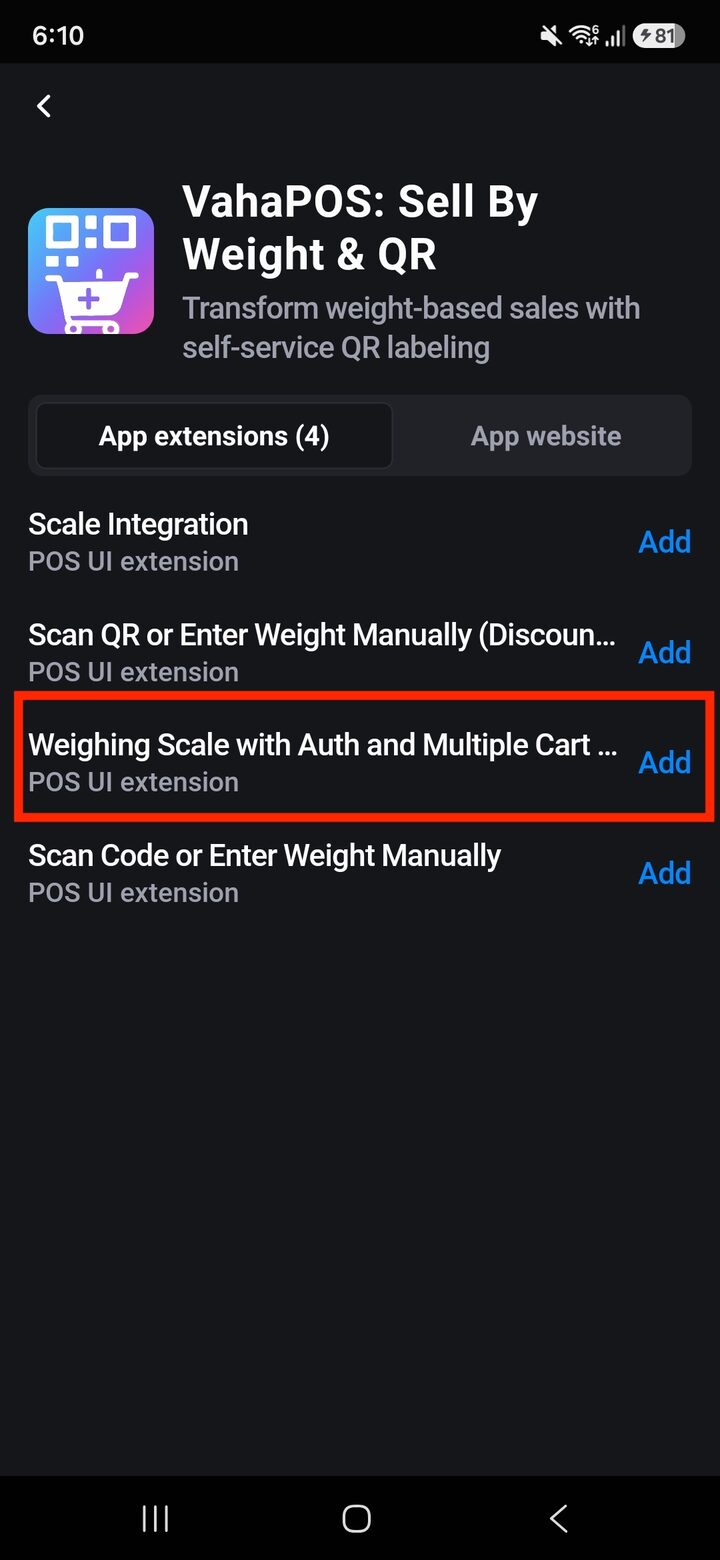 VahaPOS extensions list in Shopify POS with Weighing Scale with Auth and Multiple Cart Methods highlighted