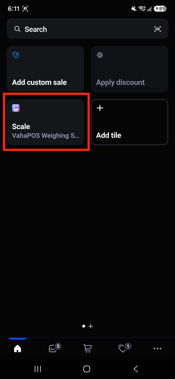 Shopify POS home screen showing the new VahaPOS Scale tile