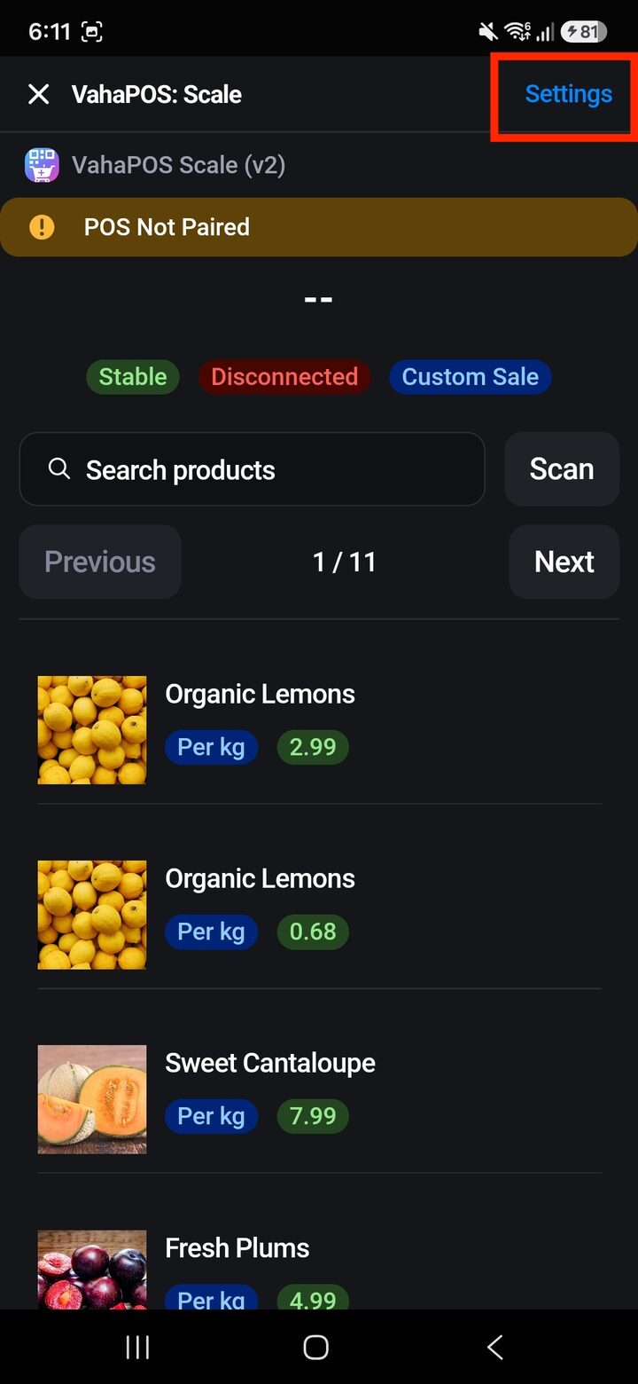 VahaPOS Scale tile in Shopify POS showing Not Paired with the Settings link