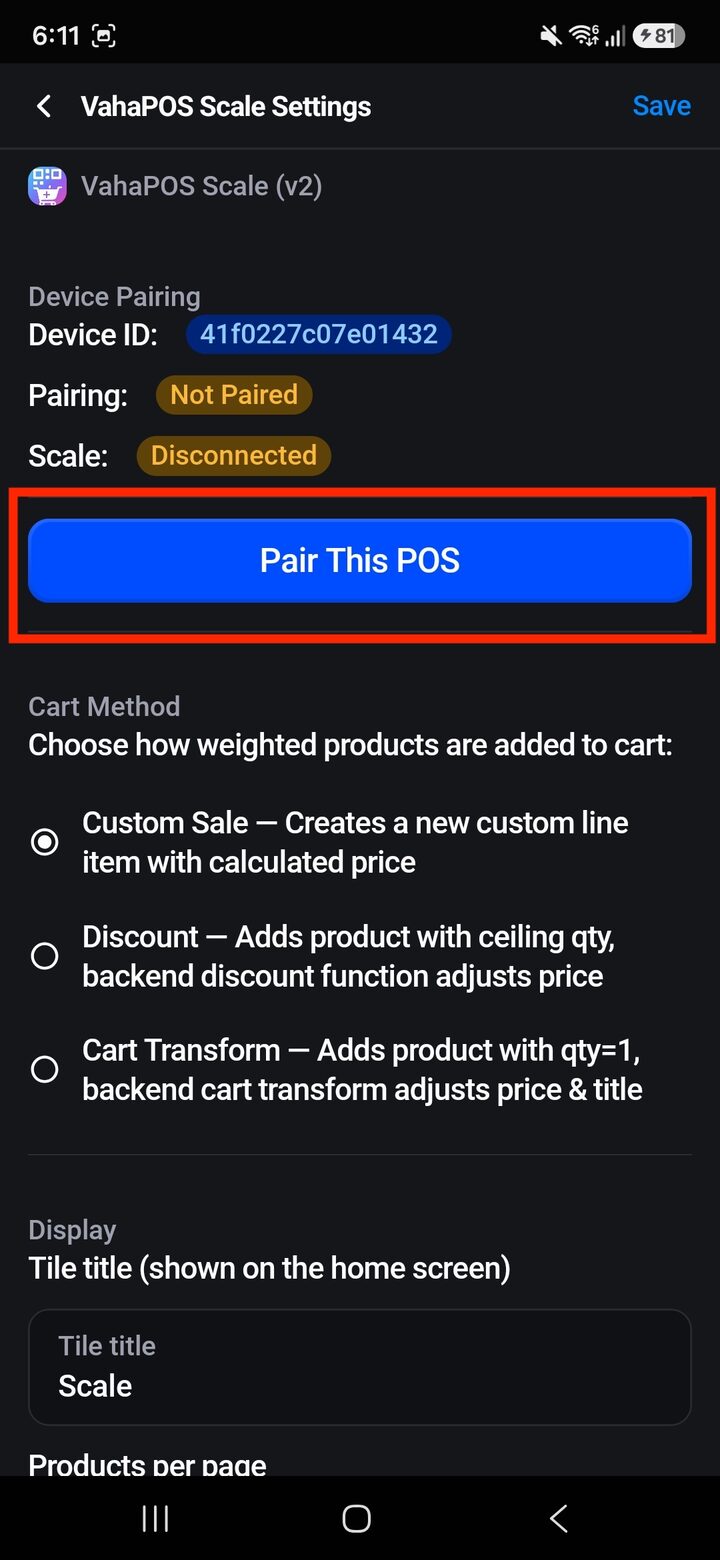 VahaPOS Scale Settings in Shopify POS with the Pair This POS button highlighted