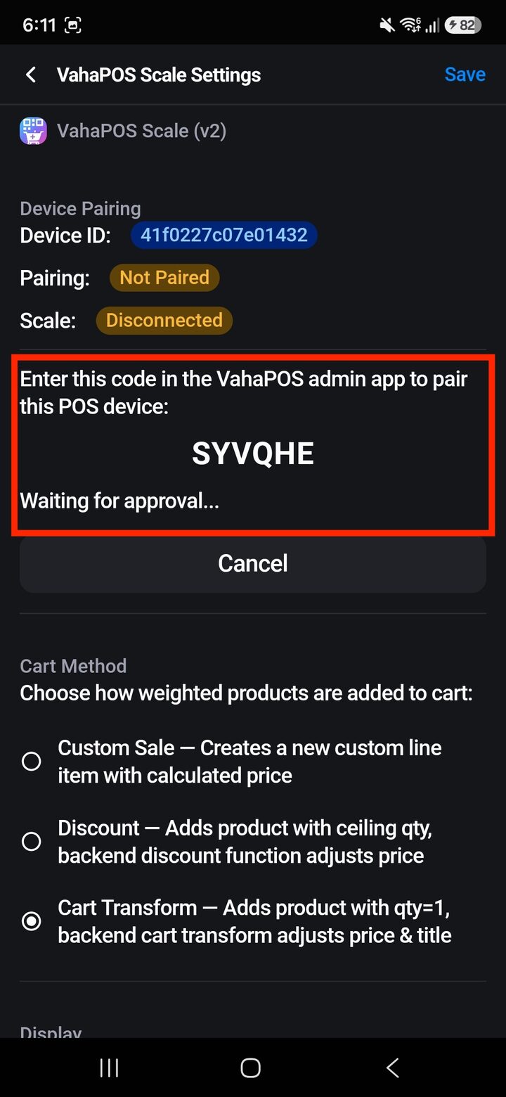 Shopify POS showing a 6-character pairing code and Waiting for approval