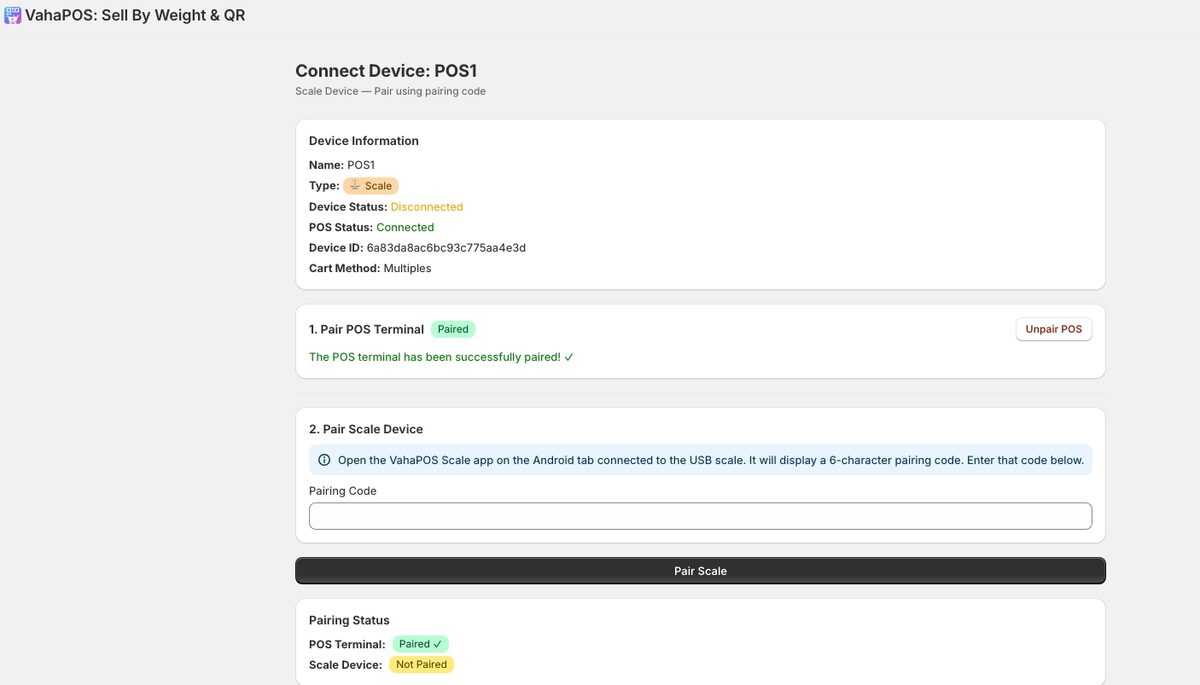 Connect Device page showing POS Terminal Paired and Scale Device Not Paired