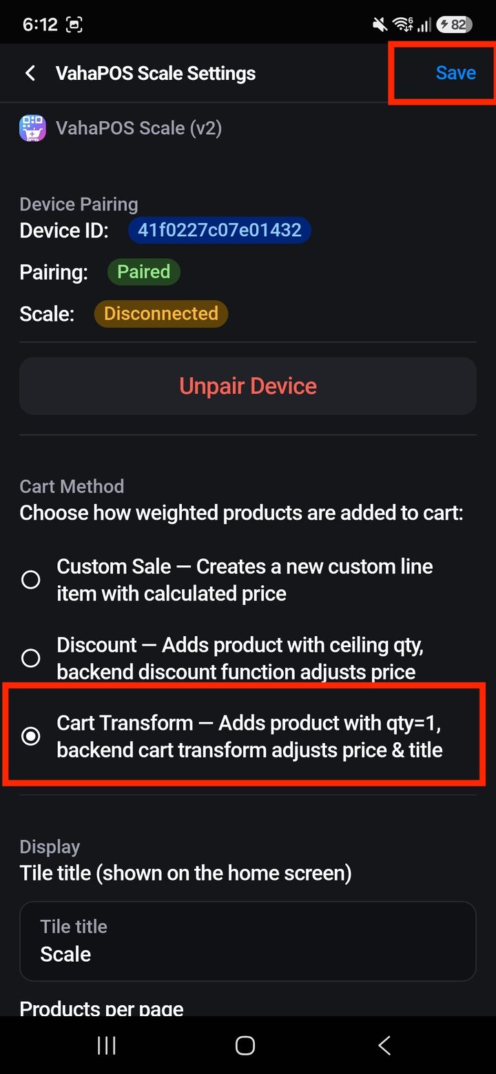 VahaPOS Scale Settings in Shopify POS with the Cart Method options