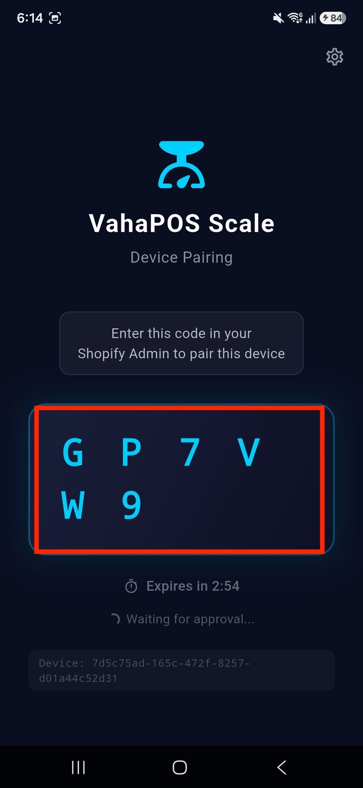 VahaPOS Scale app Device Pairing screen showing a 6-character code and a 3 minute countdown