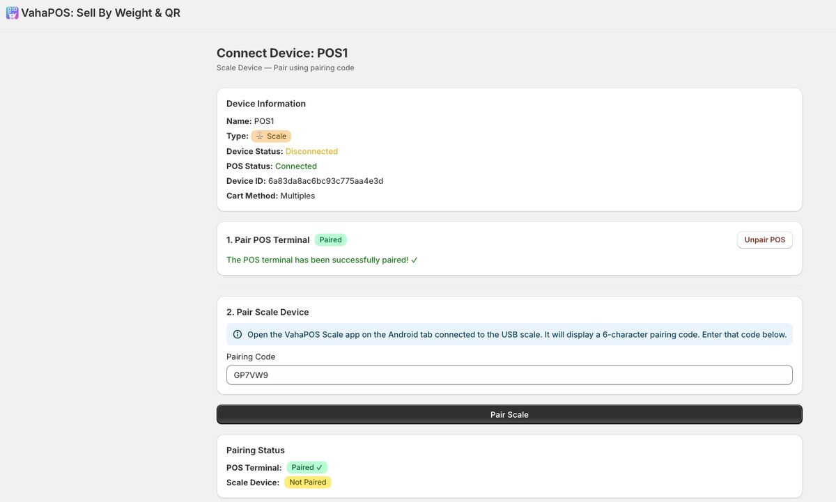 Connect Device page in VahaPOS admin with the scale pairing code typed in