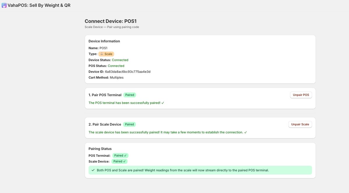 Connect Device page showing both POS Terminal and Scale Device as Paired