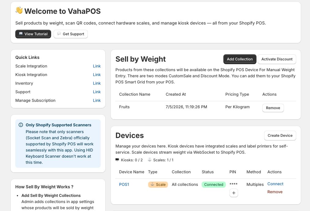 VahaPOS devices list showing the scale device as Connected