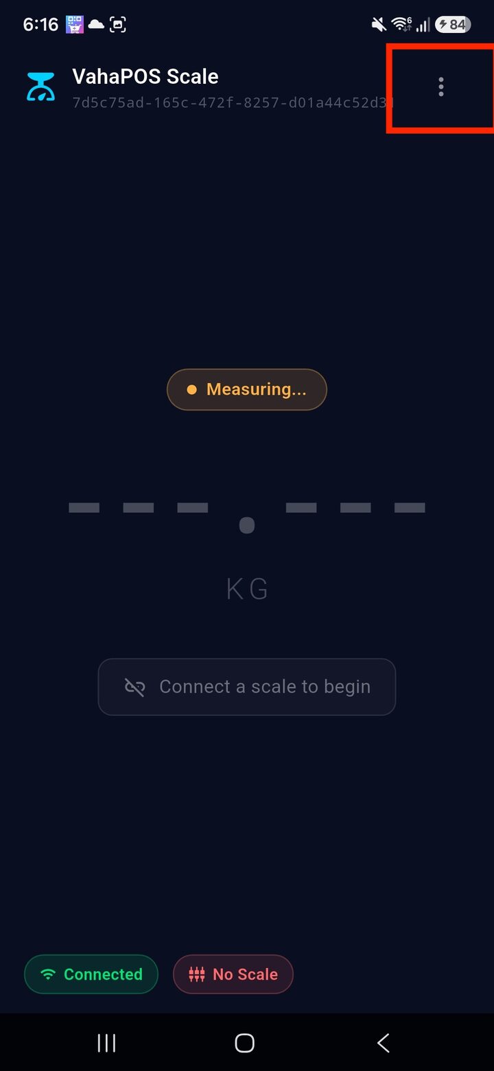 VahaPOS Scale app dashboard showing No Scale and the settings menu