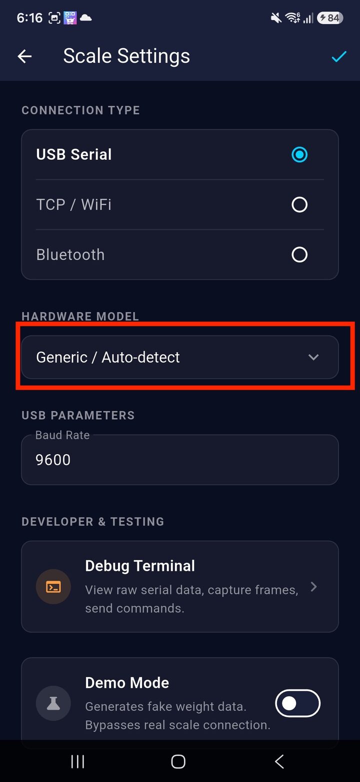 VahaPOS Scale Settings with Connection Type set to USB Serial