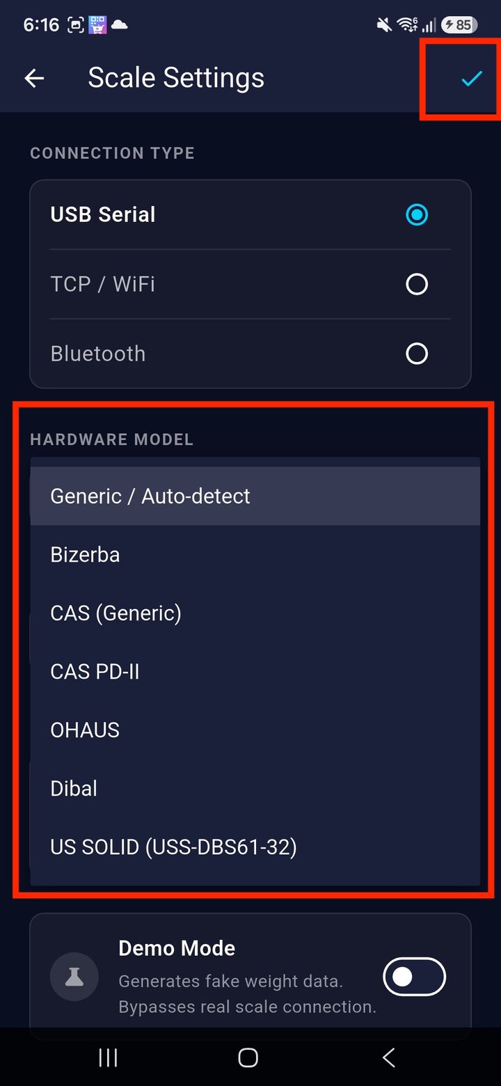 Hardware Model list in VahaPOS Scale Settings: Generic, Bizerba, CAS, CAS PD-II, OHAUS, Dibal, US SOLID