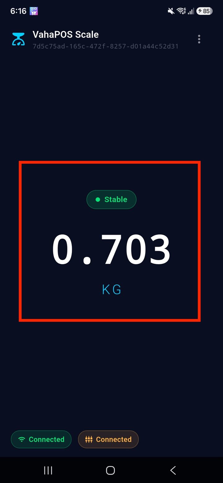 VahaPOS Scale app showing a live weight reading with Stable and Connected badges