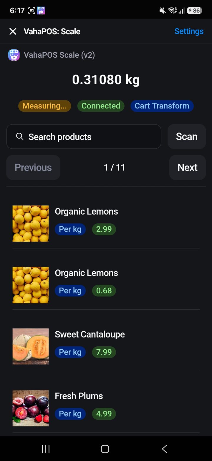 VahaPOS Scale tile in Shopify POS showing 0.31080 kg live weight with Measuring, Connected and Cart Transform badges above a product list
