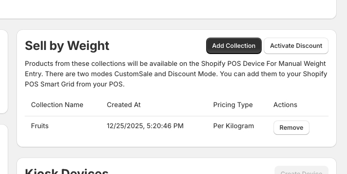 Add Collection dialog in VahaPOS with a Shopify collection selected and the pricing type set to per kilogram